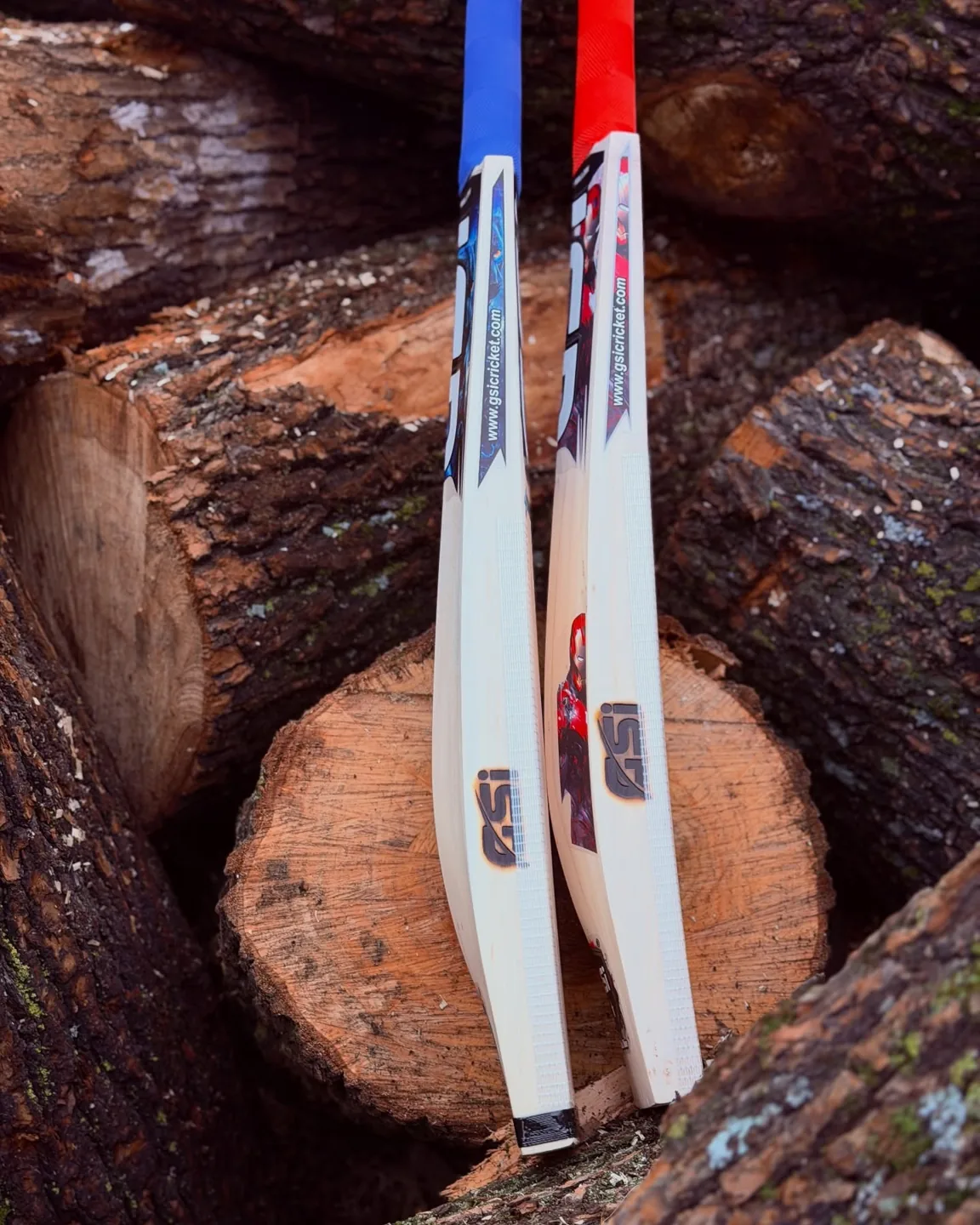 Two finished GSI cricket bats made in Kashmir, leaning on freshly cut willow logs