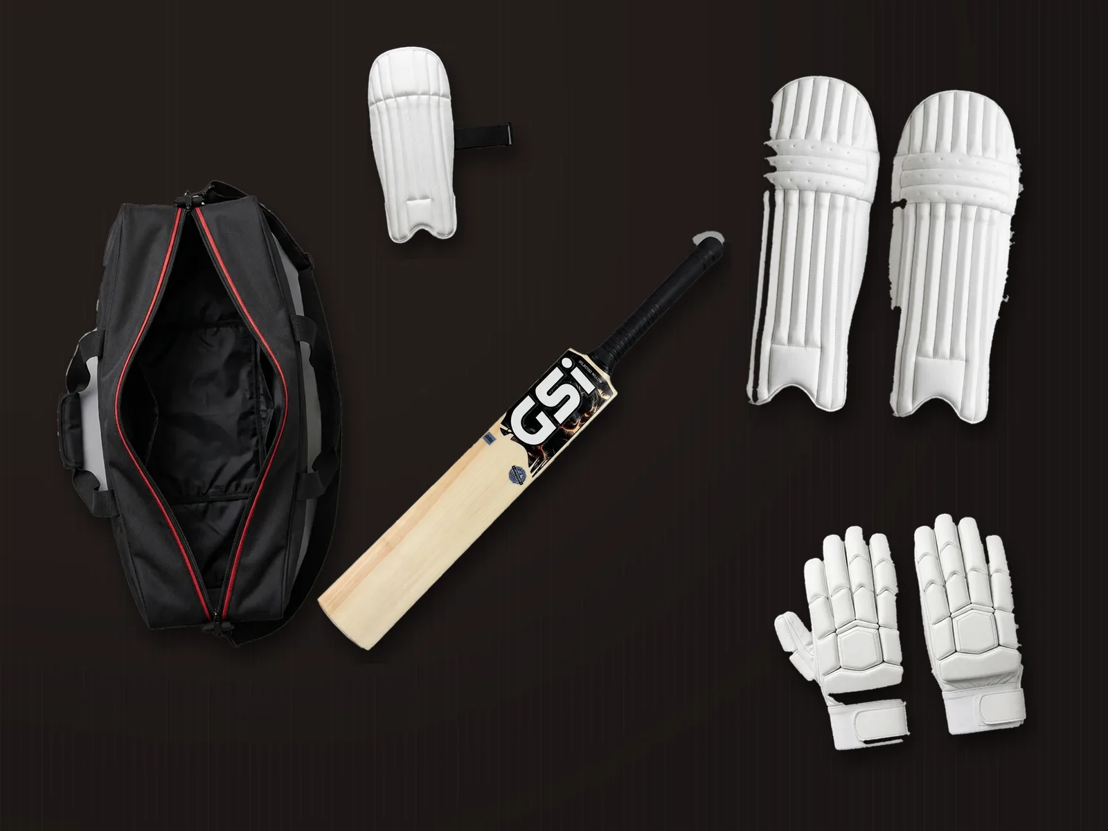 A full cricket kit from GSI laid flat: a Kashmir willow bat, batting pads, gloves, a thigh pad and a kit bag